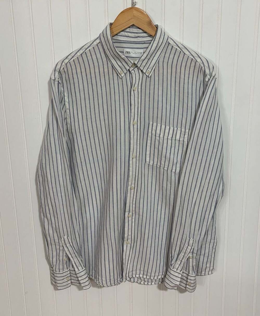 Zara Striped Long Sleeve Button Down Shirt Size L White Blue